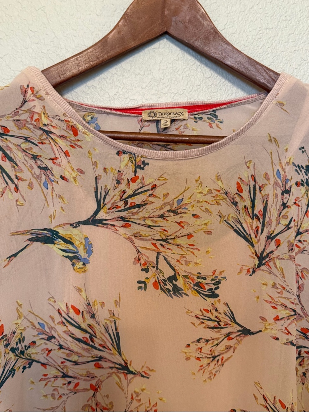 Democracy Pink/Peach Floral Bird Print Long Sleeve Two Piece Blouse Top Medium - Picture 2 of 14